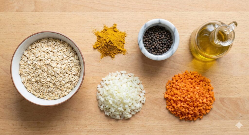 Measured raw ingredients for biohacking turmeric curry oatmeal including rolled oats, vibrant yellow curry powder, black peppercorns, olive oil, minced onions, and carrots.
