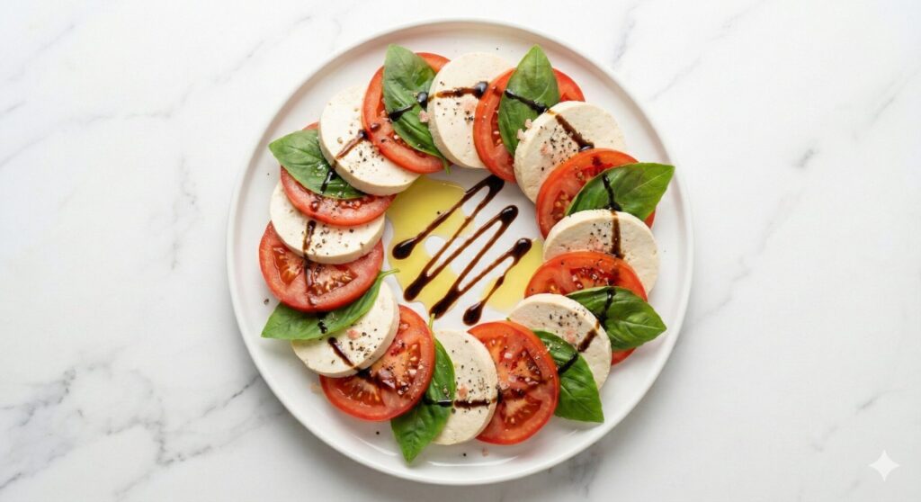 Overhead shot of a beautifully arranged Tofu Caprese salad on a white plate, drizzled with perilla oil and balsamic, showing alternating layers of tomato, tofu, and basil.