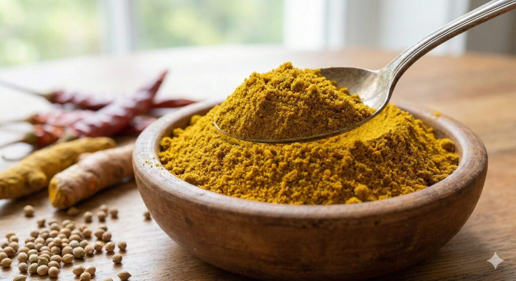 강황과 커큐민이 풍부한 생동감 넘치는 황금빛 카레가루가 러스틱한 나무 그릇에 숟가락과 함께 수북이 담긴 클로즈업.