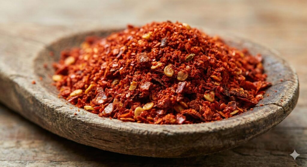 A detailed macro shot of vibrant red, coarse-ground Korean chili powder (Gochugaru) piled on a rustic wooden spoon, showing the texture of flakes and seeds. A pure thermogenic biohacking ingredient.