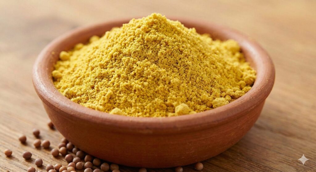 신진대사를 촉진하는 이소티오시아네이트 전구체가 풍부한, 러스틱한 그릇에 담긴 곱게 갈린 강렬한 노란색 겨자씨 가루의 클로즈업.