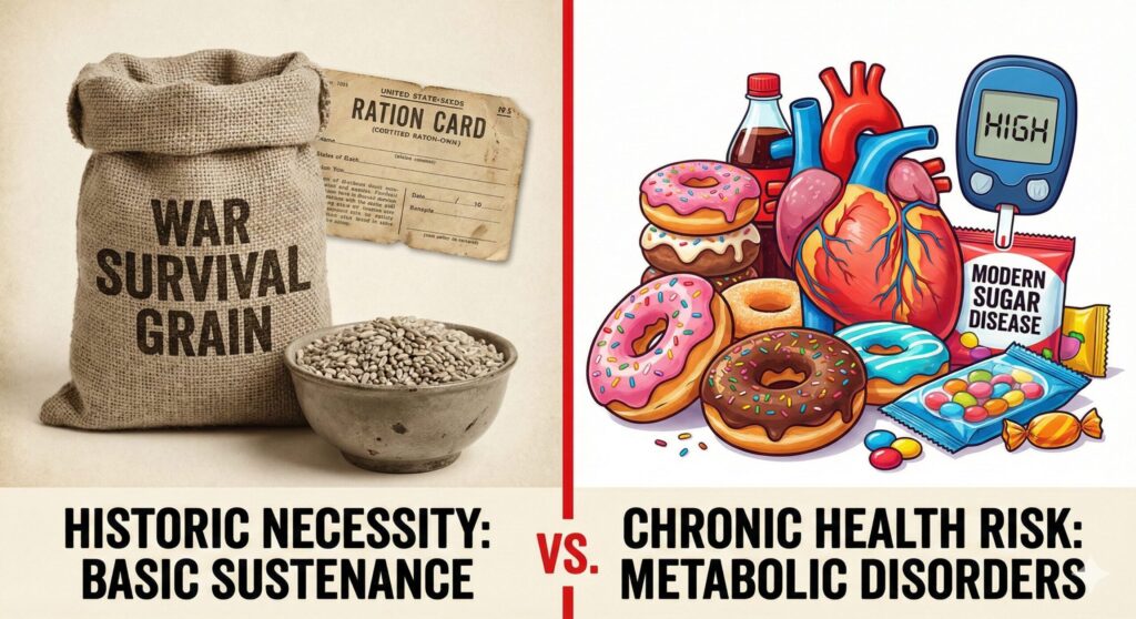 A conceptual contrast between post-war survival grains and modern inflammatory sugary foods.