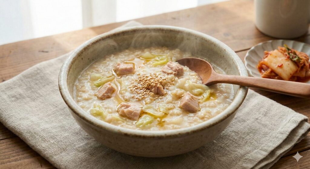 A bowl of warm, creamy cabbage and tuna oatmeal porridge garnished with sesame seeds and sesame oil for digestive health.
