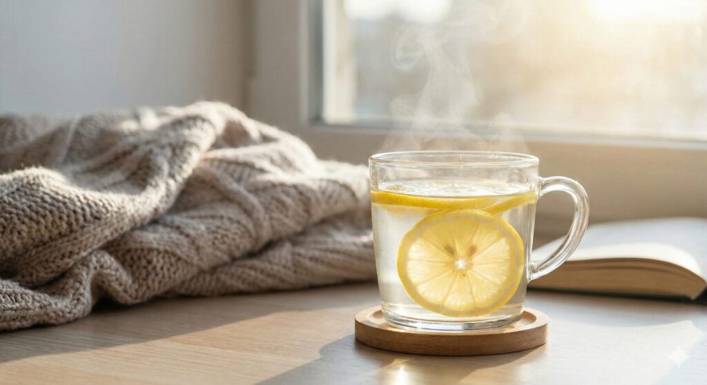 아침 햇살이 드는 창가에 놓인 레몬 슬라이스가 든 따뜻한 물 한 컵, 공복에 부드러운 간 해독을 위한 바이오해킹 의식을 보여줍니다.