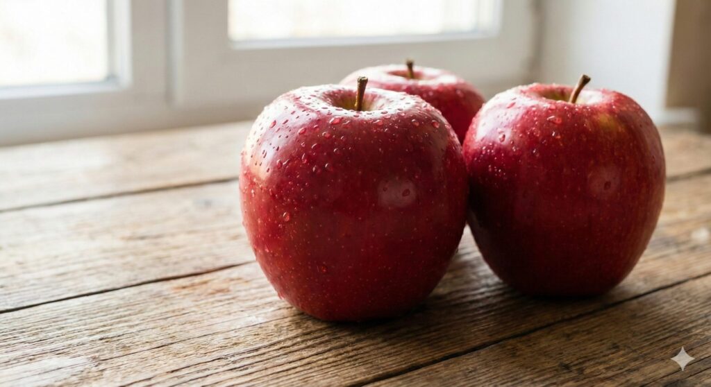 근육 보존을 위한 우르솔산이 풍부한 껍질 섭취의 중요성을 강조하는, 물방울이 맺힌 신선한 빨간 사과.