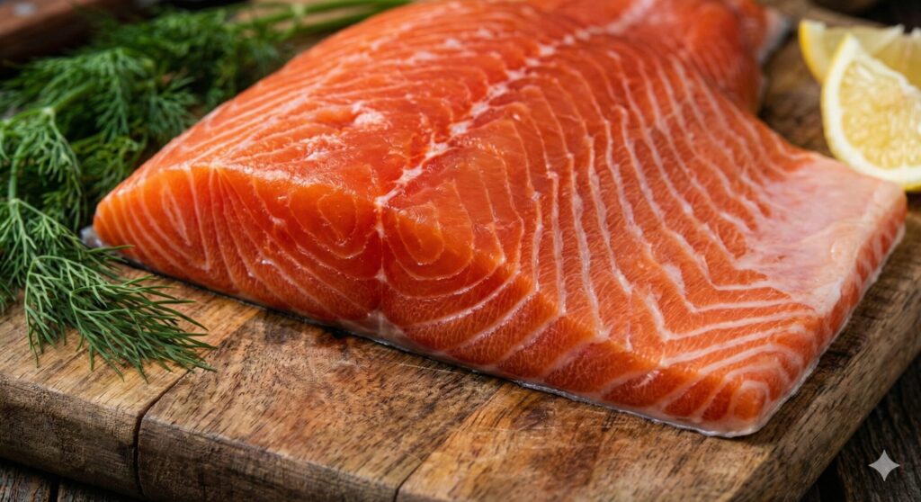 뇌 건강과 노화 방지에 중요한 영양소인 아스타잔틴 함량이 높아 선명한 붉은색을 띠는 신선한 자연산 연어 필렛.