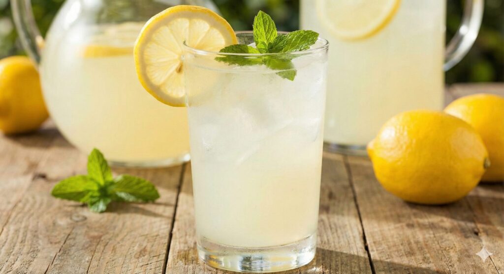 알룰로스와 핑크 솔트로 만든 무설탕 핑크 레몬에이드가 얼음과 함께 투명한 잔에 담겨 있는 청량한 여름 음료.