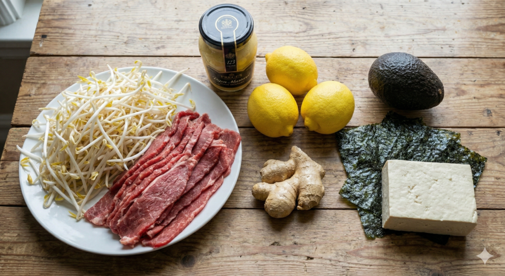 Ingredients for the day 88 anti-inflammatory weight loss diet including pollack roe, oatmeal, scallion, broccoli, chicken breast, mustard, and ginkgo nuts.