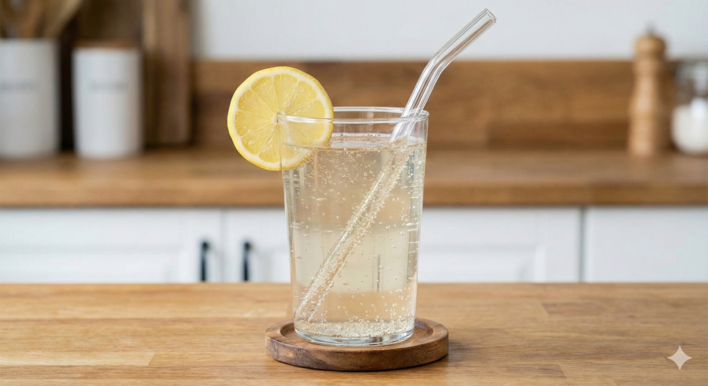 A refreshing, effervescent glass of apple cider vinegar sparkling water garnished with a lemon slice. A glass straw is inserted for consumption, representing the perfect post-meal biohack for digestion and blood sugar control.