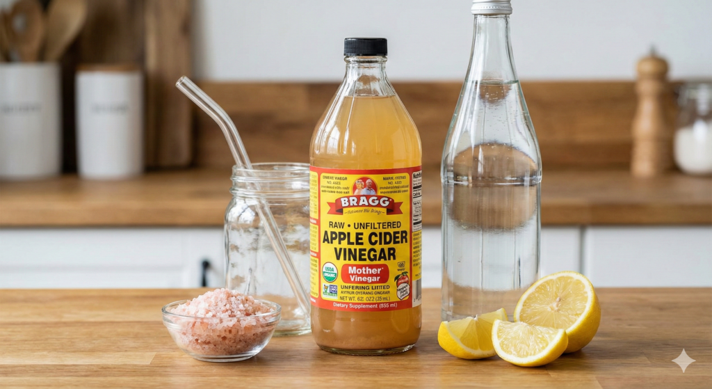 High-quality biohacking ingredients for digestive aid: a bottle of raw, unfiltered apple cider vinegar showing the cloudy 'mother', a bottle of plain sparkling water, Himalayan pink salt crystals, fresh lemon wedges, and a reusable glass straw to protect tooth enamel.