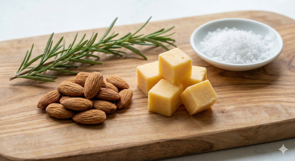 Biohacking ingredients for almond cheese bites: whole raw almonds rich in vitamin E, cubes of high-quality cheddar cheese (grass-fed preferred), optional fresh rosemary sprigs for antioxidants, and a sprinkle of sea salt.
