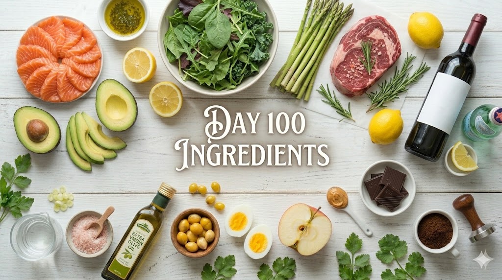 Ingredients for the day 100 anti-inflammatory weight loss diet grand finale including fresh avocado, salmon, 85% dark chocolate, espresso, beef steak, asparagus, and red wine.
