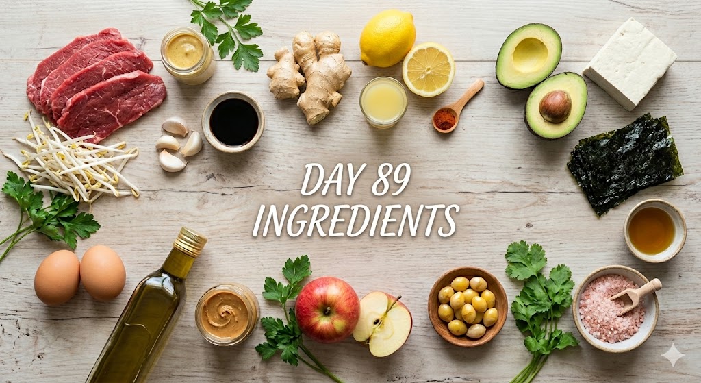 Ingredients for the day 90 anti-inflammatory weight loss diet including sweet potato, chicken breast, curry powder, mango, yogurt, squid, and spinach.