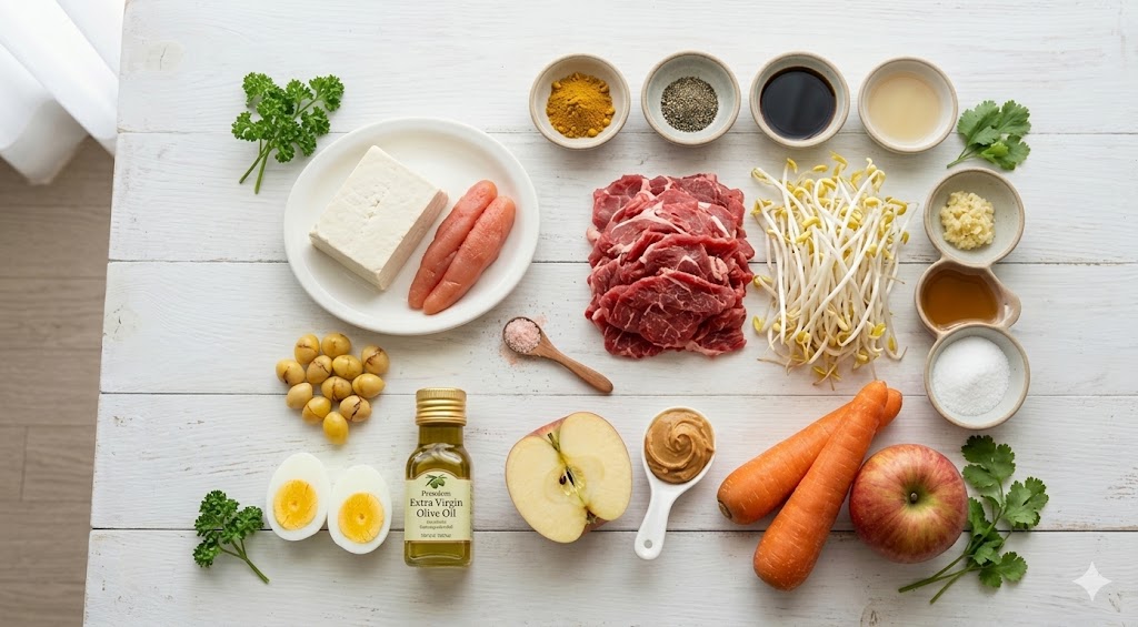 Ingredients for the day 91 anti-inflammatory weight loss diet including fresh tofu, pollack roe, mung bean sprouts, beef, carrots, apples, and ginkgo nuts.