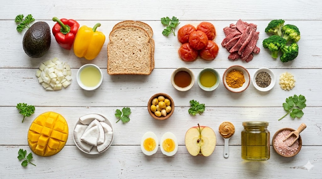 Ingredients for the day 92 anti-inflammatory weight loss diet including fresh paprika, avocado, whole wheat bread, mango, coconut, tomatoes, curry powder, and ginkgo nuts.