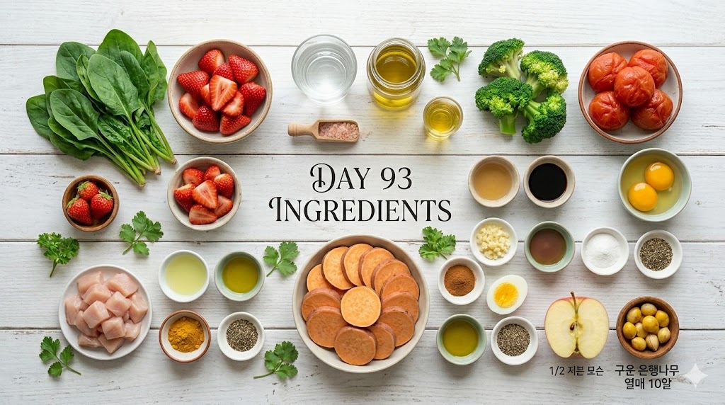 항염 다이어트 식단에 좋은 신선한 시금치, 딸기, 닭가슴살, 고구마, 시나몬, 브로콜리, 토마토, 계란, 은행 등 93일차 레시피 재료.