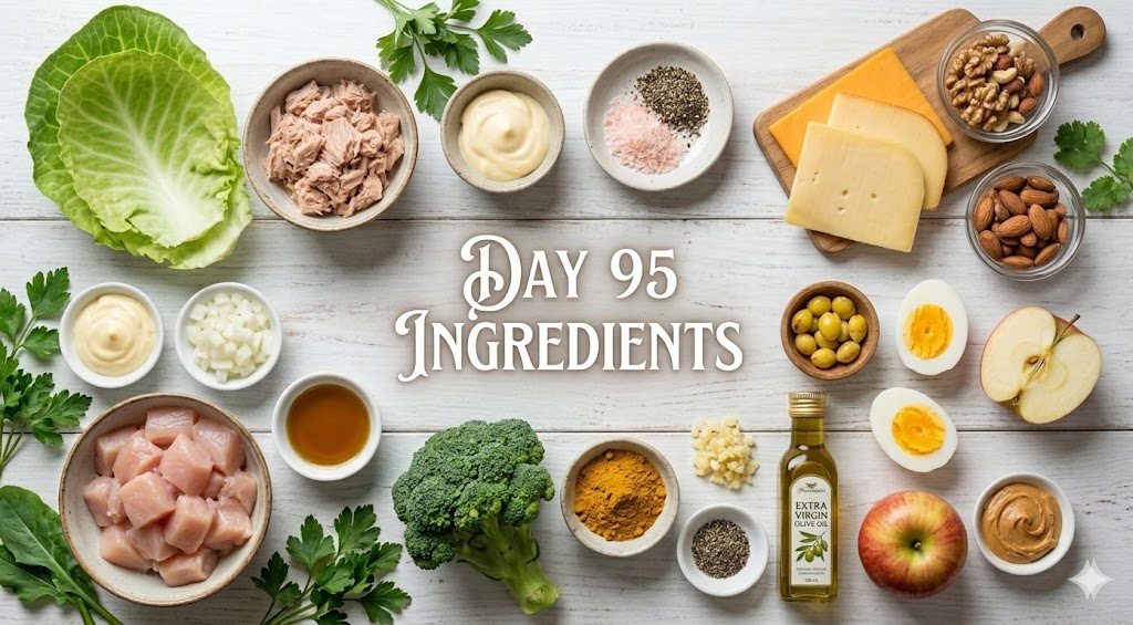 Ingredients for the day 95 anti-inflammatory weight loss diet including fresh cabbage, canned tuna, avocado mayo, natural cheese, mixed nuts, broccoli, chicken breast, and curry powder.