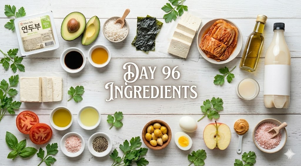 Ingredients for the day 97 anti-inflammatory weight loss diet including fresh cabbage, tomatoes, celery, paprika, chickpea hummus, beef, olive oil, eggs, and ginkgo nuts.