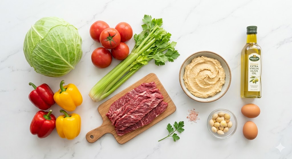 Ingredients for the day 97 anti-inflammatory weight loss diet including fresh cabbage, tomatoes, celery, paprika, chickpea hummus, beef, olive oil, eggs, and ginkgo nuts.