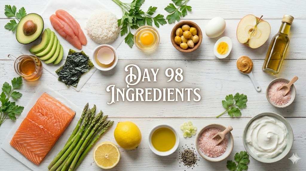 Ingredients for the day 98 anti-inflammatory weight loss diet including fresh avocado, low-sodium pollack roe, fresh salmon, Greek yogurt, eggs, lemon, asparagus, and ginkgo nuts.