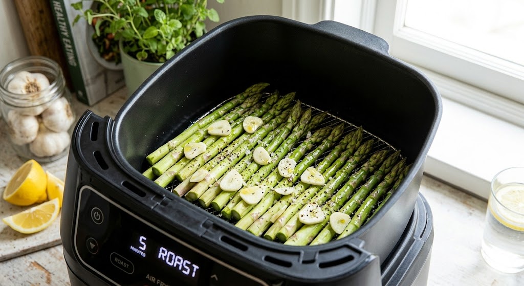 Fresh asparagus, sliced garlic, and extra virgin olive oil ingredients for a biohacking air-roasted dish