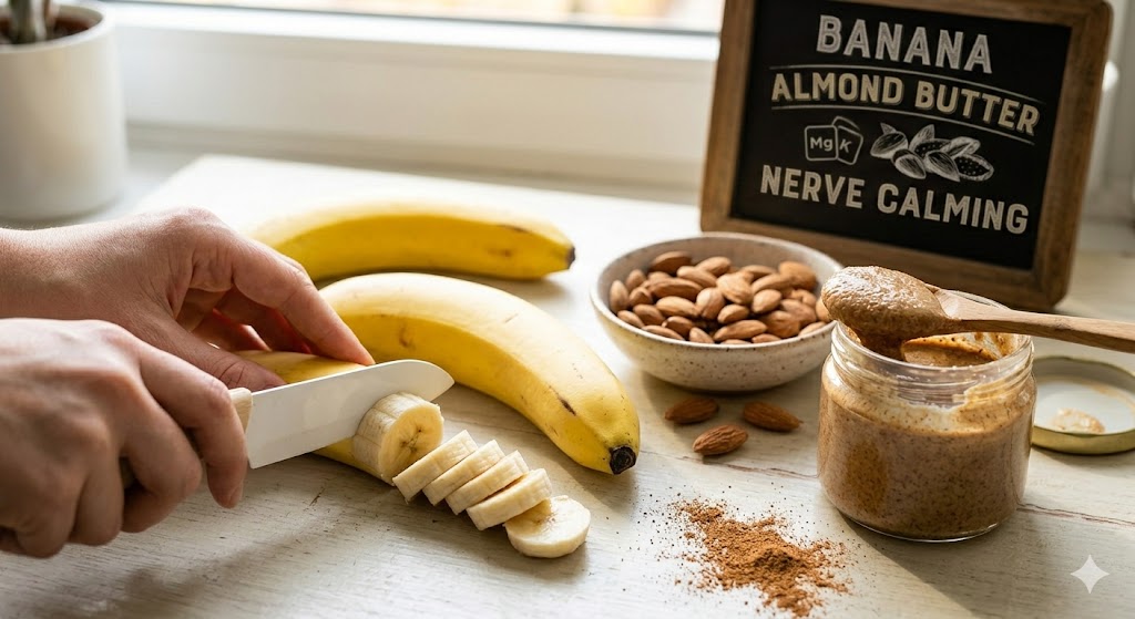 Spotty banana, 100% pure almond butter, and cinnamon powder ingredients for a biohacking nerve-calming snack