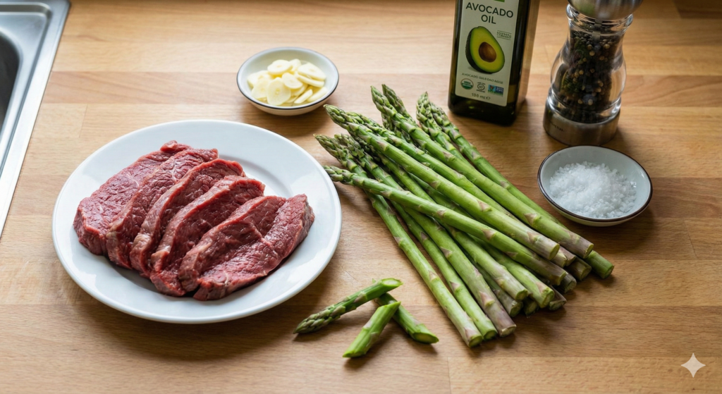 High-quality biohacking ingredients prepared for stir-fry: thinly sliced lean grass-fed beef, fresh vibrant green asparagus spears snapped at the base, slivered garlic, extra virgin olive oil (or avocado oil), sea salt, and cracked black pepper.