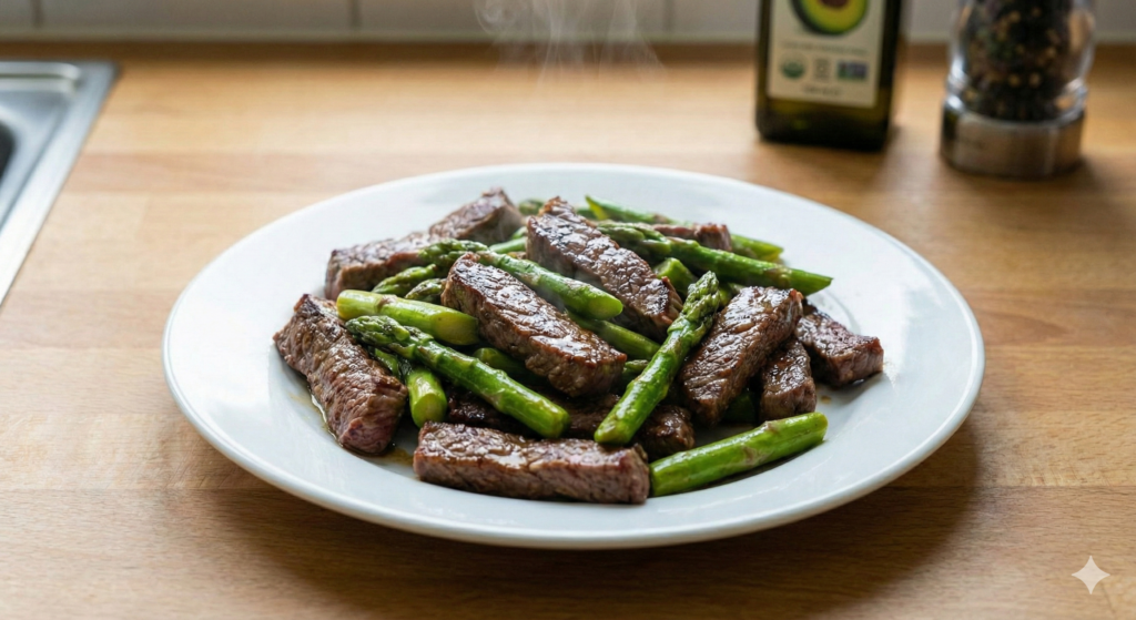 A finished plate of beef and asparagus stir-fry, showing perfectly seared beef strips glistening with healthy fats and bright green, tender-crisp asparagus spears, ready for a mitochondrial energy boost meal.