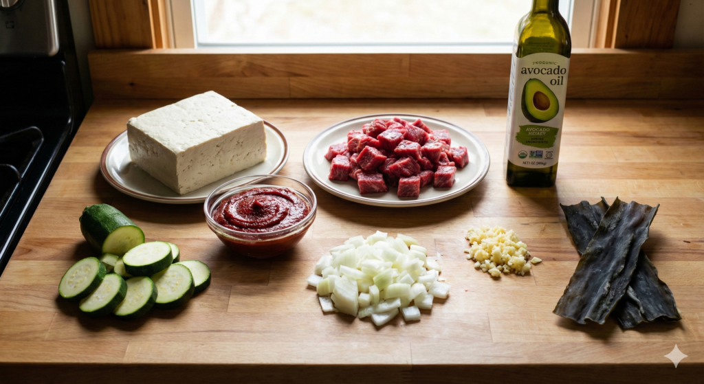 High-performance biohacking ingredients: lean chopped beef rich in heme iron, a large block of firm tofu for plant protein, traditional fermented gochujang, minced garlic, zucchini, and avocado oil.