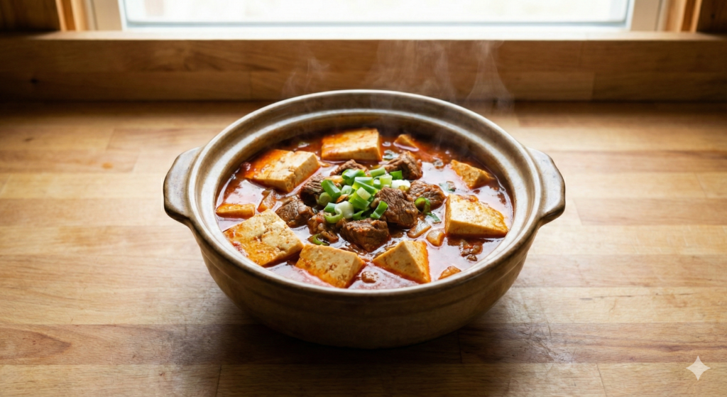 A boiling traditional earthen pot filled with rich red gochujang stew, loaded with tender beef chunks and abundant tofu cubes, representing a potent thermogenic and muscle-building meal.