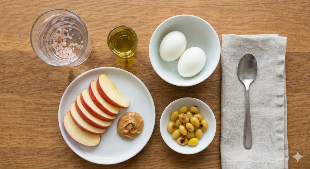  biohacking morning routine: Warm water, pink salt, olive oil shot, boiled eggs, apple with peanut butter, and roasted ginkgo nuts for satiety and cognitive function.

