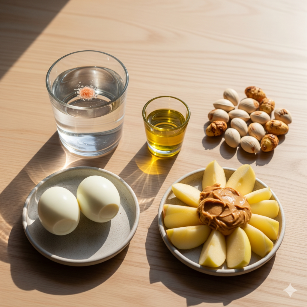 biohacking morning routine: Warm water, pink salt, olive oil shot, boiled eggs, apple with peanut butter, and roasted ginkgo nuts for satiety and cognitive function.