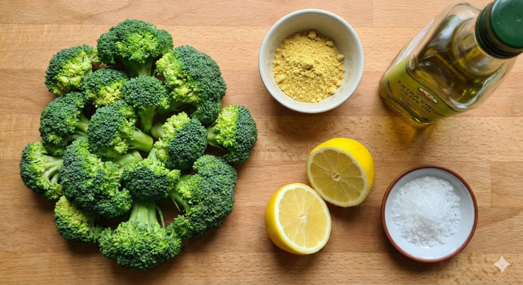 Biohacking ingredients for maximizing sulforaphane: fresh vibrant green broccoli florets, ground mustard powder (rich in myrosinase enzyme), extra virgin olive oil for lipid absorption, fresh lemon juice, and sea salt.