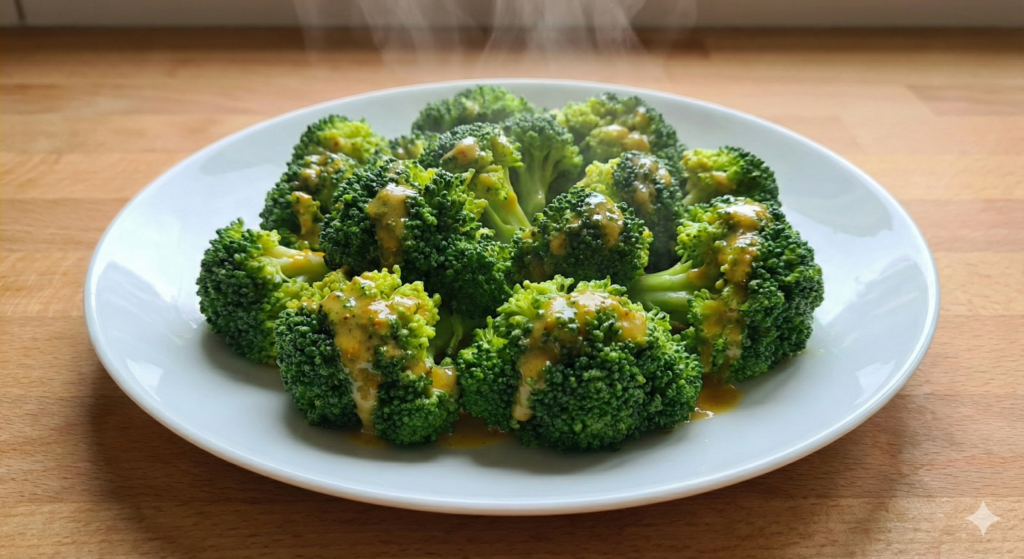 A plate of perfectly steamed, tender-crisp broccoli coated in a glistening golden mustard bio-dressing, representing the ultimate cellular detoxification protocol.