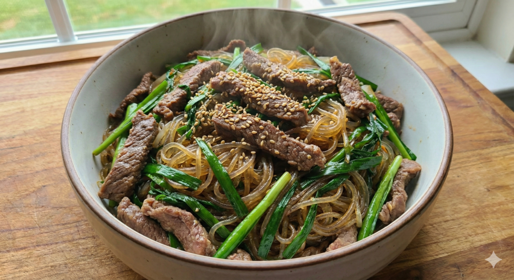 고기가 듬뿍 들어가 선명한 녹색의 부추와 윤기 나는 당면이 어우러진, 김이 모락모락 나는 부추 잡채 한 접시. 통깨로 장식된 고에너지 회복 식단을 나타냄.