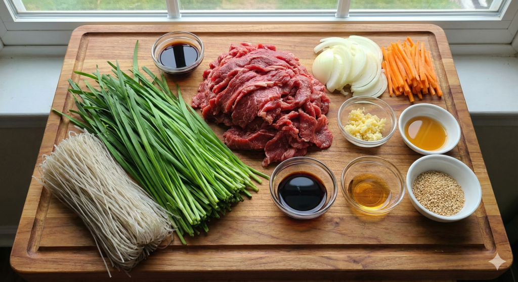 고단백 잡채를 위한 바이오해킹 식재료: 넉넉한 양의 저지방 소고기 채, 신선하고 푸른 부추 한 단, 마른 당면, 채 썬 채소들, 그리고 간장 베이스 양념 재료.