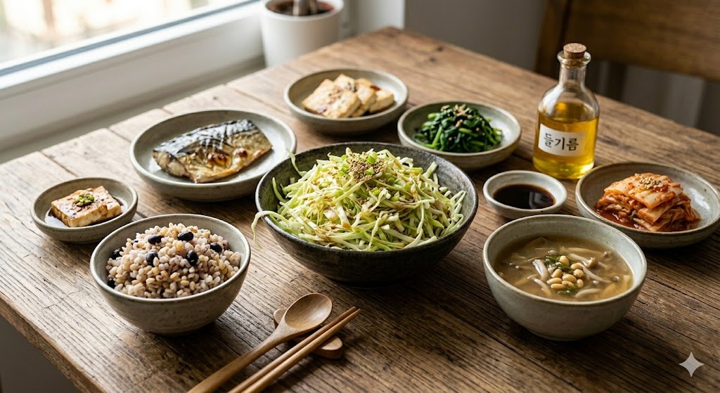 Finished shredded cabbage and perilla oil salad optimized for gut healing and Gut-Brain Axis strengthening