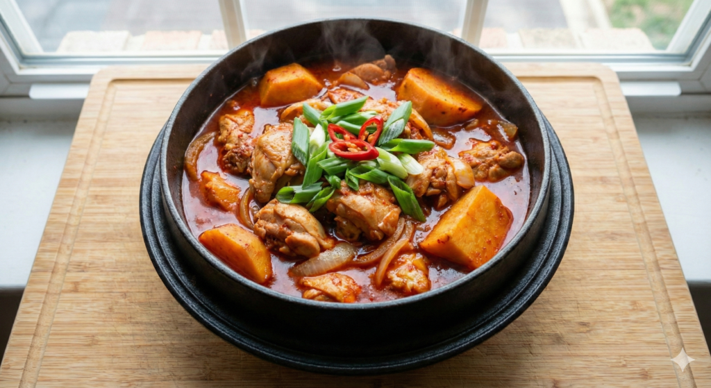 신선한 대파로 장식된 진한 붉은빛 국물의 매콤한 고구마 닭볶음탕이 끓고 있는 냄비. 강력한 열발생 및 항산화 식단을 나타냄.