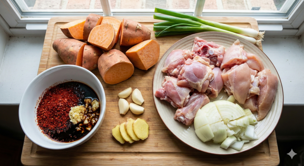 지속 가능한 에너지를 위한 바이오해킹 식재료: 신선하게 손질된 닭고기, 베타카로틴이 풍부한 저당지수 고구마, 고춧가루, 마늘, 양파, 그리고 아보카도 오일.