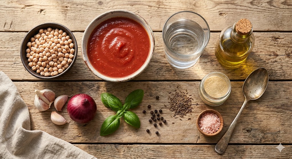 Raw chickpeas, a bowl of tomato sauce, a glass of water, and olive oil seasoning ingredients arranged on the rustic wooden table