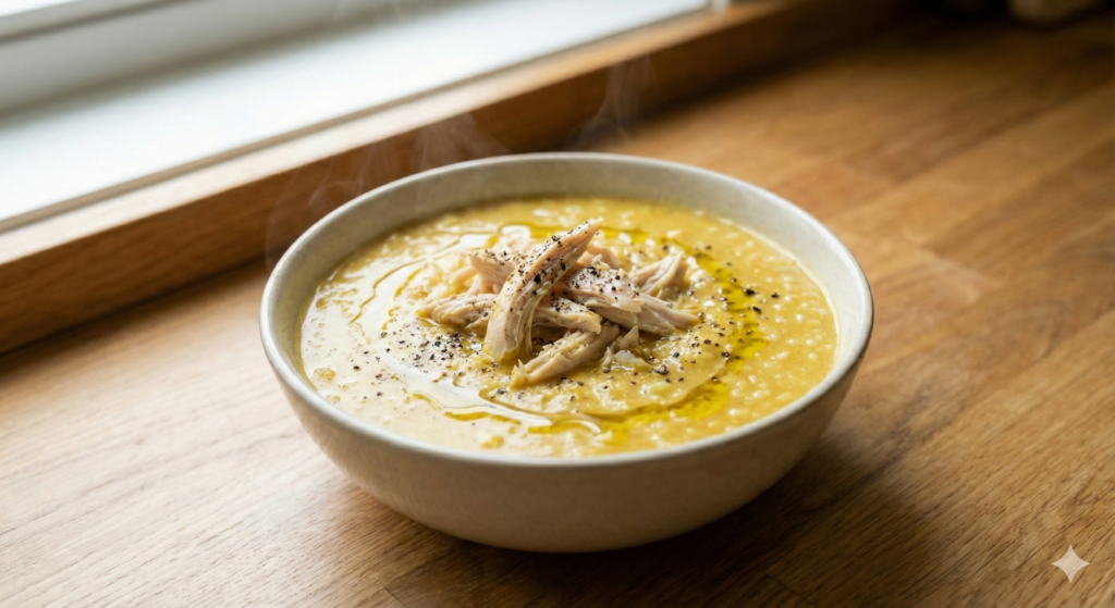 김이 나는 황금빛 카레 닭가슴살 죽 한 그릇. 부드럽게 찢긴 닭가슴살 토핑과 갓 갈아낸 흑후추, 건강한 지방이 뿌려져 있는 모습으로, 진정 효과가 있는 장-뇌 축 바이오해킹 식단을 나타냄.