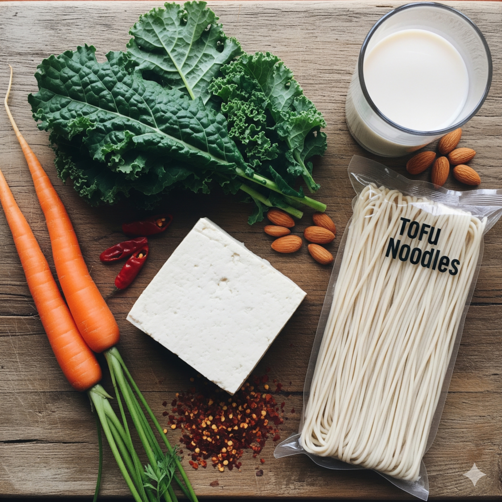 A flat lay photograph of raw ingredients for a biohacking meal plan on a rustic wooden board, featuring fresh whole carrots, a package of tofu noodles, a glass of almond milk, vibrant green kale leaves, a block of fresh firm tofu, and bright red chili flakes.