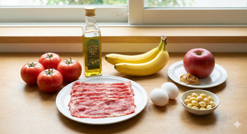 High-quality raw biohacking ingredients including ripe tomatoes, extra virgin olive oil, fresh beef slices, bananas, eggs, an apple with peanut butter, and ginkgo nuts.