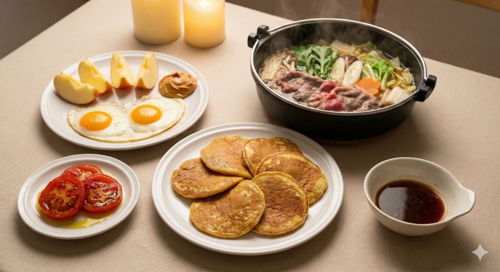A healthy daily biohacking meal spread featuring a morning routine of eggs and apple, flourless banana pancakes, pan-seared tomatoes with olive oil, and beef shabu-shabu.