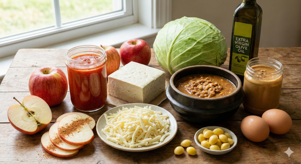 Biohacking ingredients including firm tofu, tomato sauce, mozzarella cheese, fresh apples with cinnamon powder, a head of cabbage, ingredients for Korean fermented soybean paste stew (gangdoenjang), raw eggs, peanut butter, and ginkgo nuts.
