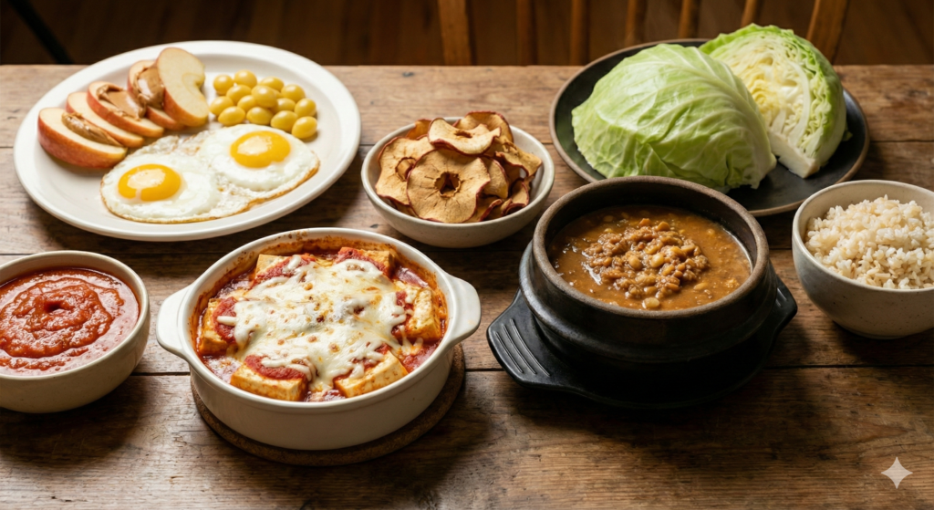 A complete daily meal spread featuring the fixed morning routine, a serving of bubbling tofu gratin with tomato sauce, a bowl of cinnamon apple chips, and a dinner set of cabbage wraps with thick soy paste stew (gangdoenjang) and rice.