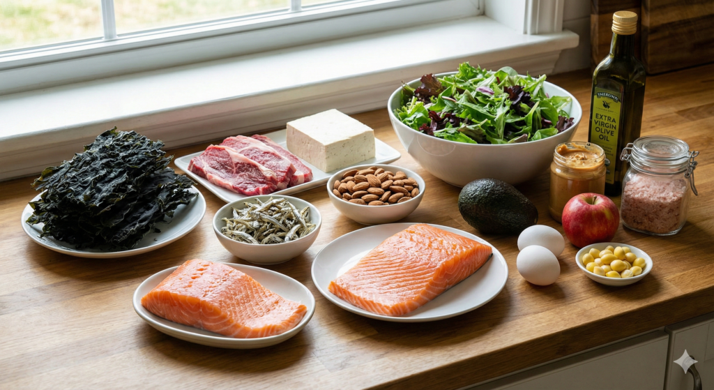 건미역, 신선한 소고기, 두부, 아몬드, 잔멸치, 생연어, 아보카도, 잎채소, 계란, 사과, 피넛버터, 은행 등 갑상선 및 뇌 가소성 바이오해킹 식재료.