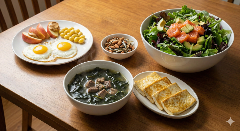 고정 아침 루틴, 소고기 미역국과 두부 부침, 아몬드 멸치 볶음, 대용량 연어 아보카도 샐러드로 구성된 하루 대사 및 뇌 가소성 식단.