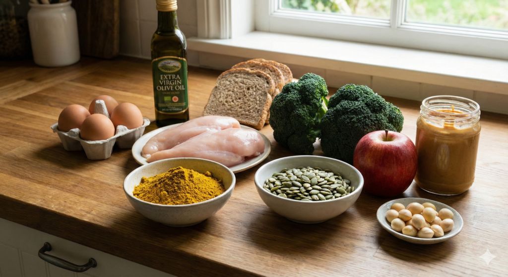 High-quality biohacking ingredients including yellow curry powder, fresh chicken breast, raw pumpkin seeds, dark green broccoli, whole wheat bread, extra virgin olive oil, eggs, an apple, peanut butter, and ginkgo nuts.