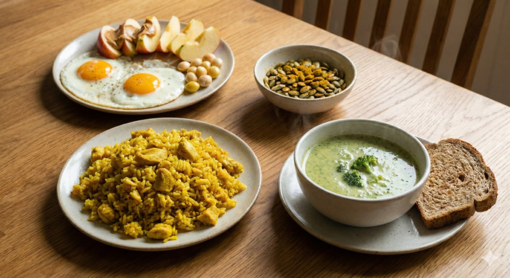 A complete daily biohacking meal spread featuring the fixed morning routine, a plate of chicken breast curry fried rice, roasted curry pumpkin seeds, and a warm bowl of broccoli soup with a slice of whole wheat bread.